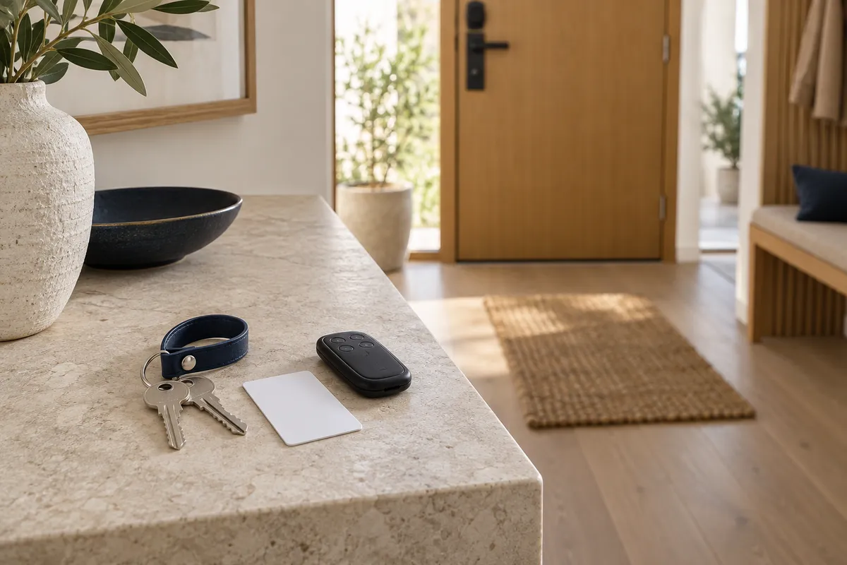 Two keys, a blank access card and a black remote on a console beside a doorway.
