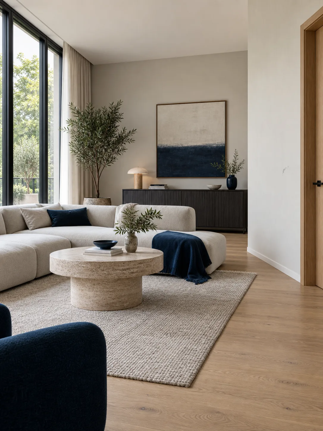 A modern living room with large windows; an illustrative home scene.