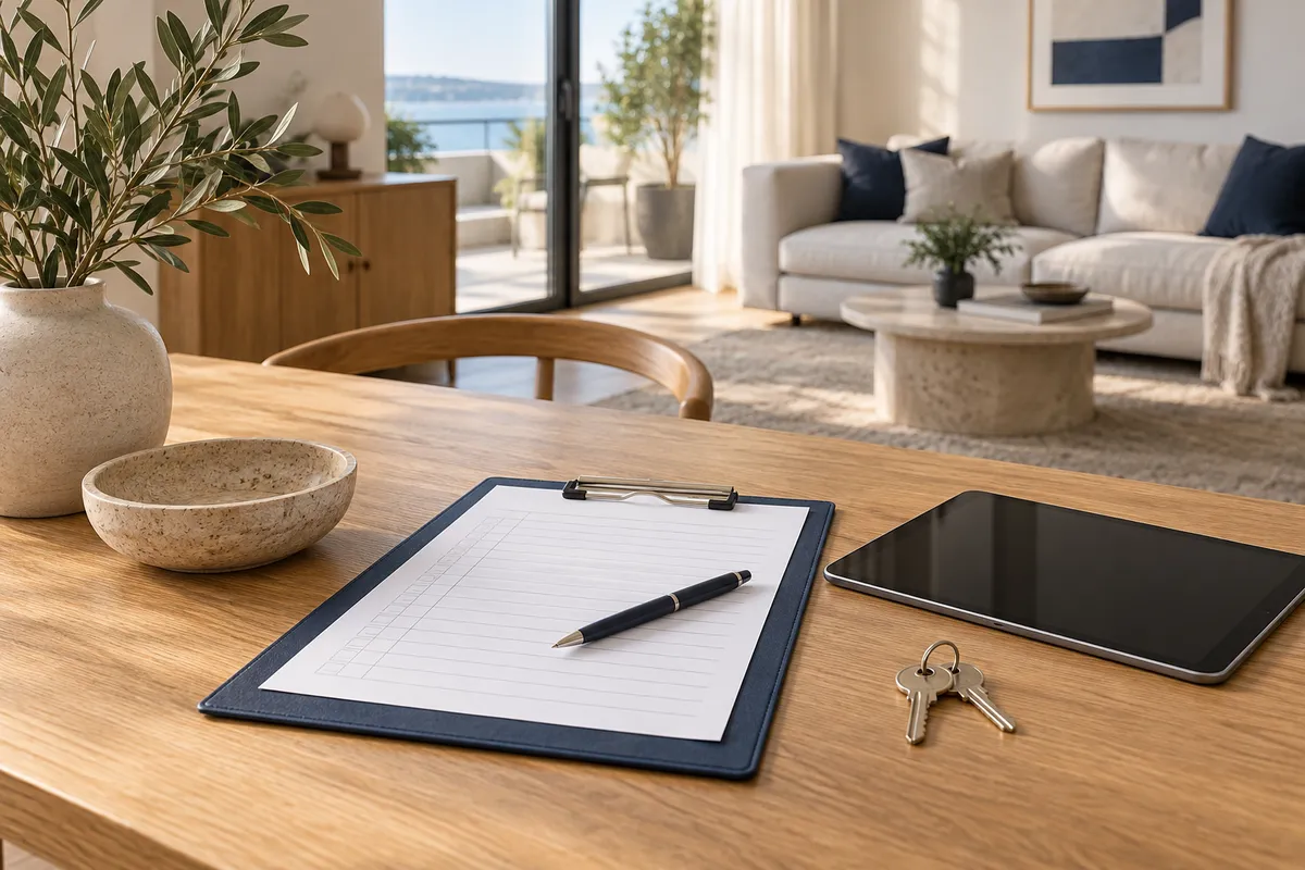 Blank checklist, pen, tablet and keys on a table in front of a modern living room.