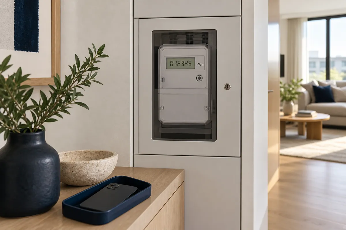Illustrative electricity meter with visible digits and a kWh unit behind a closed protective panel.