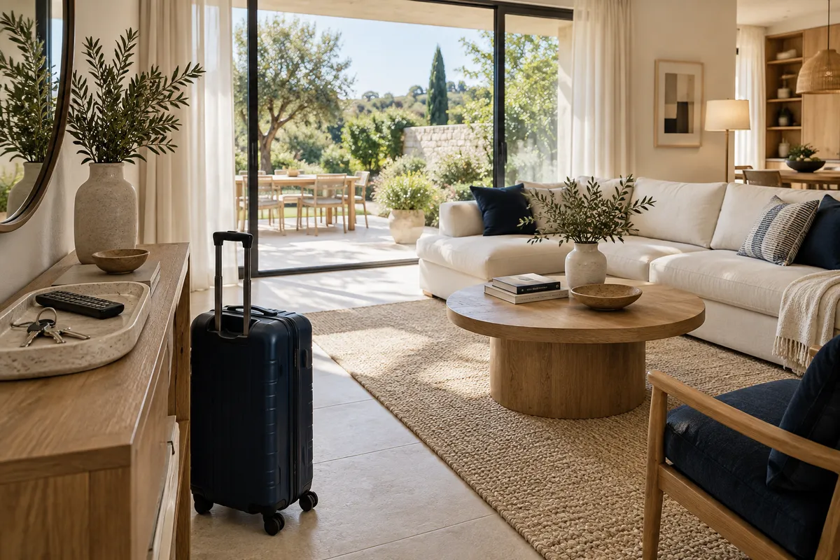 Illustrative move-in scene with a suitcase, sofa, table and keys in a modern rented apartment.